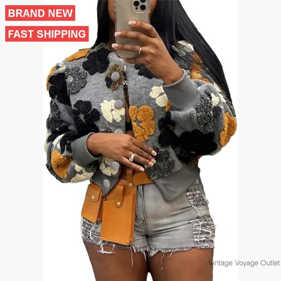 Cropped Floral Print Shacket Bomber Jacket Long Sleeve Acrylic